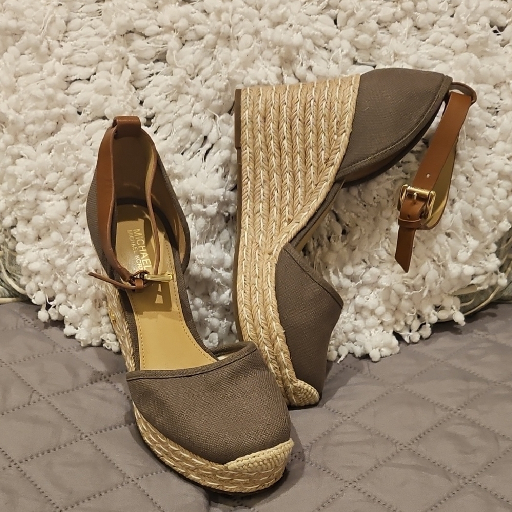 MICHAEL Michael Kors Brown Canvas Espadrille Wedges with Tan Ankle Strap